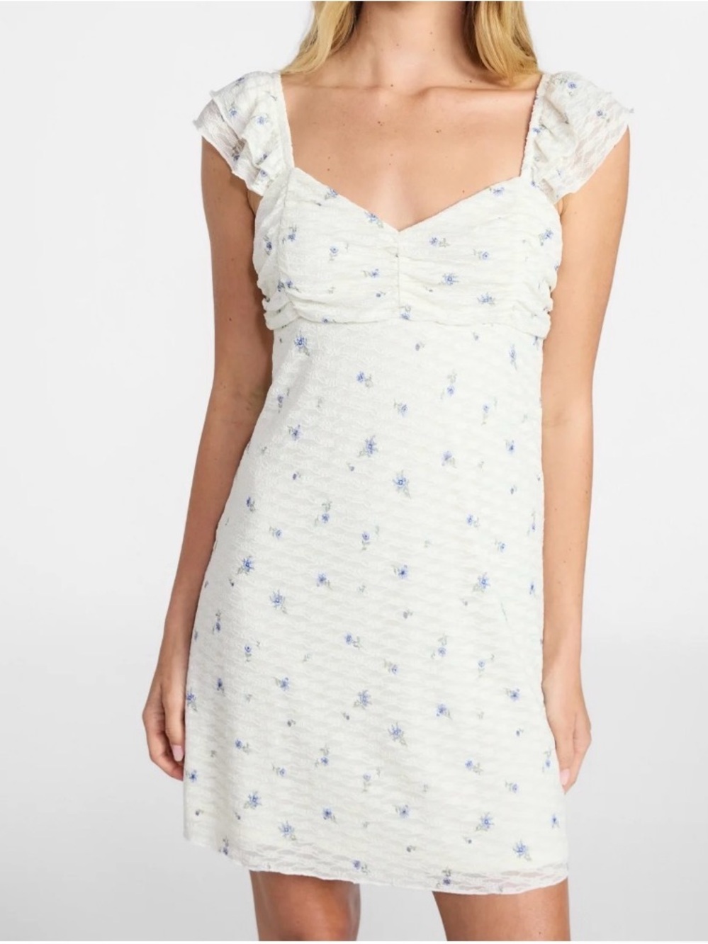 (151)Ivory Mini Dress with Blue Floral Print